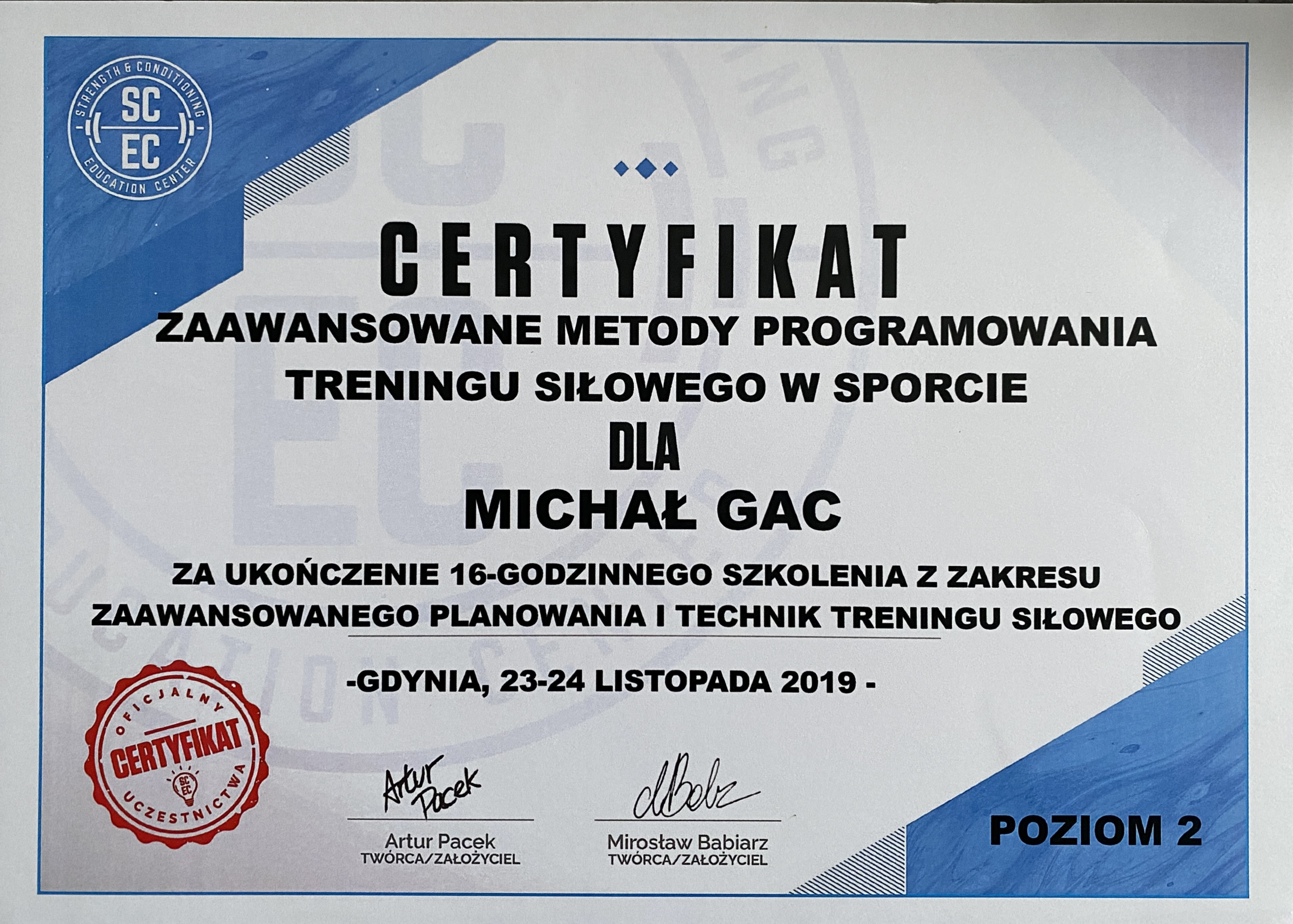MichaÅ‚ Gac certyfikat